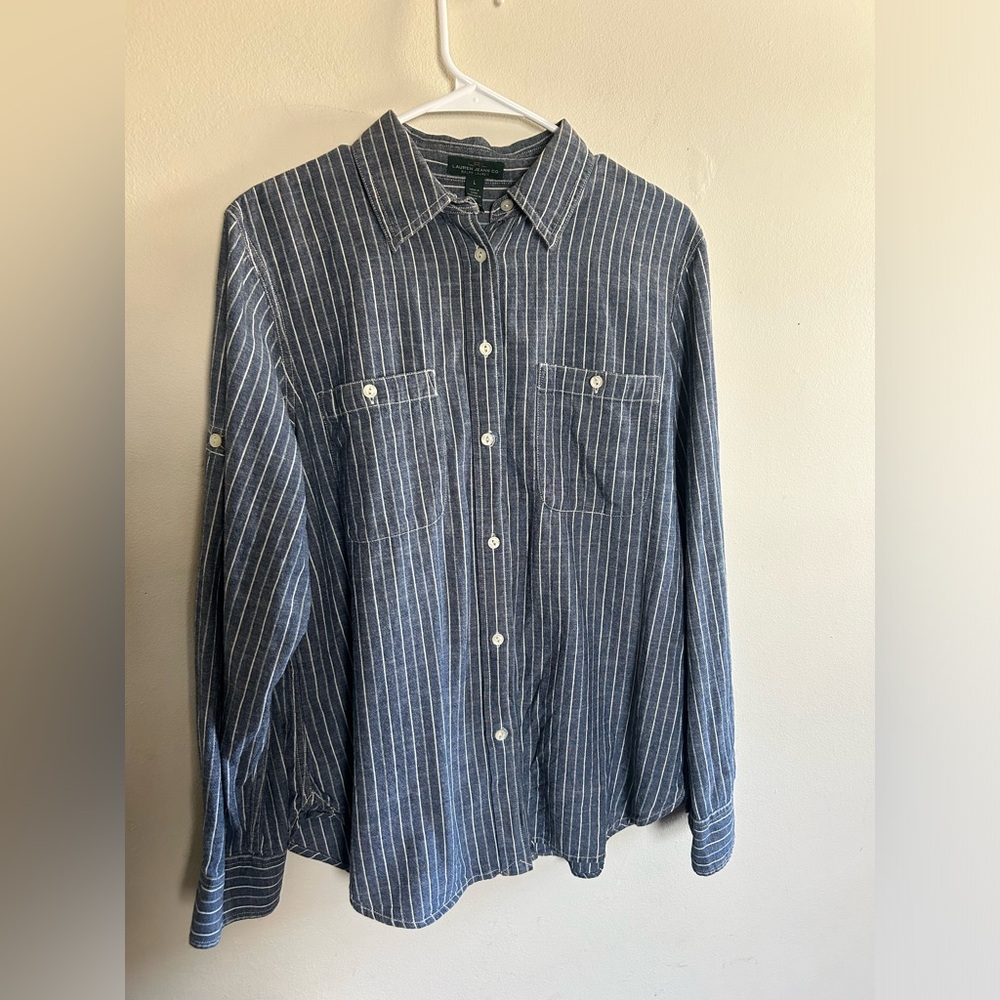 Lauren Ralph Lauren Denim Button Down Size Large Striped 100% Cotton